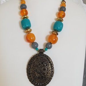 Antique oval Pendant with Blue and Orange necklace